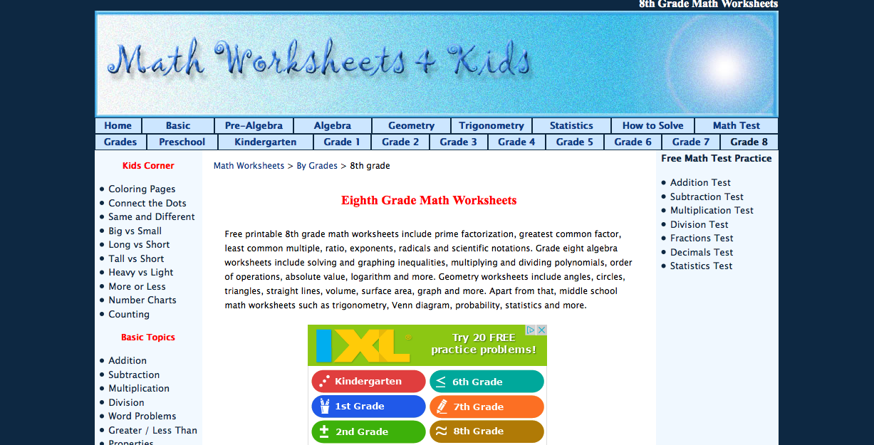 8th grade math worksheets problems games and tests