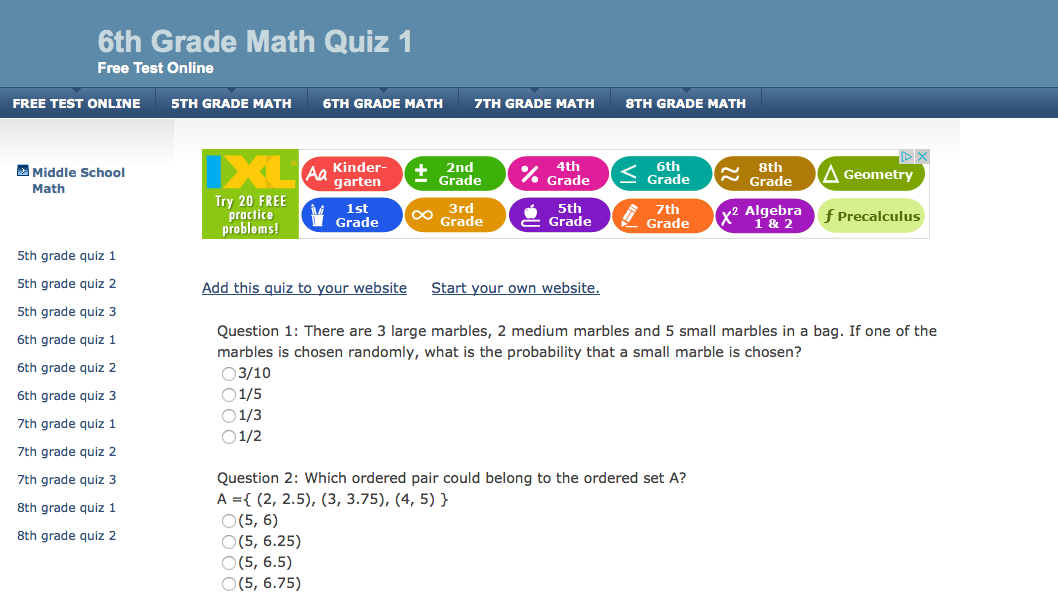 6th grade math practice test