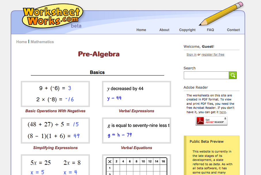 Algebra math worksheets with answers