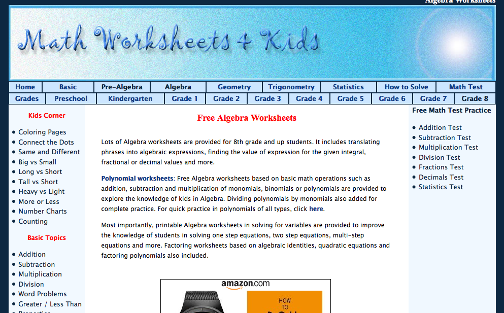 math worksheets & kids algebra I worksheets