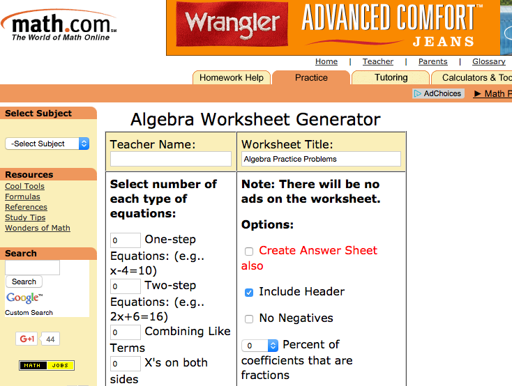 math.com algebra I worksheets