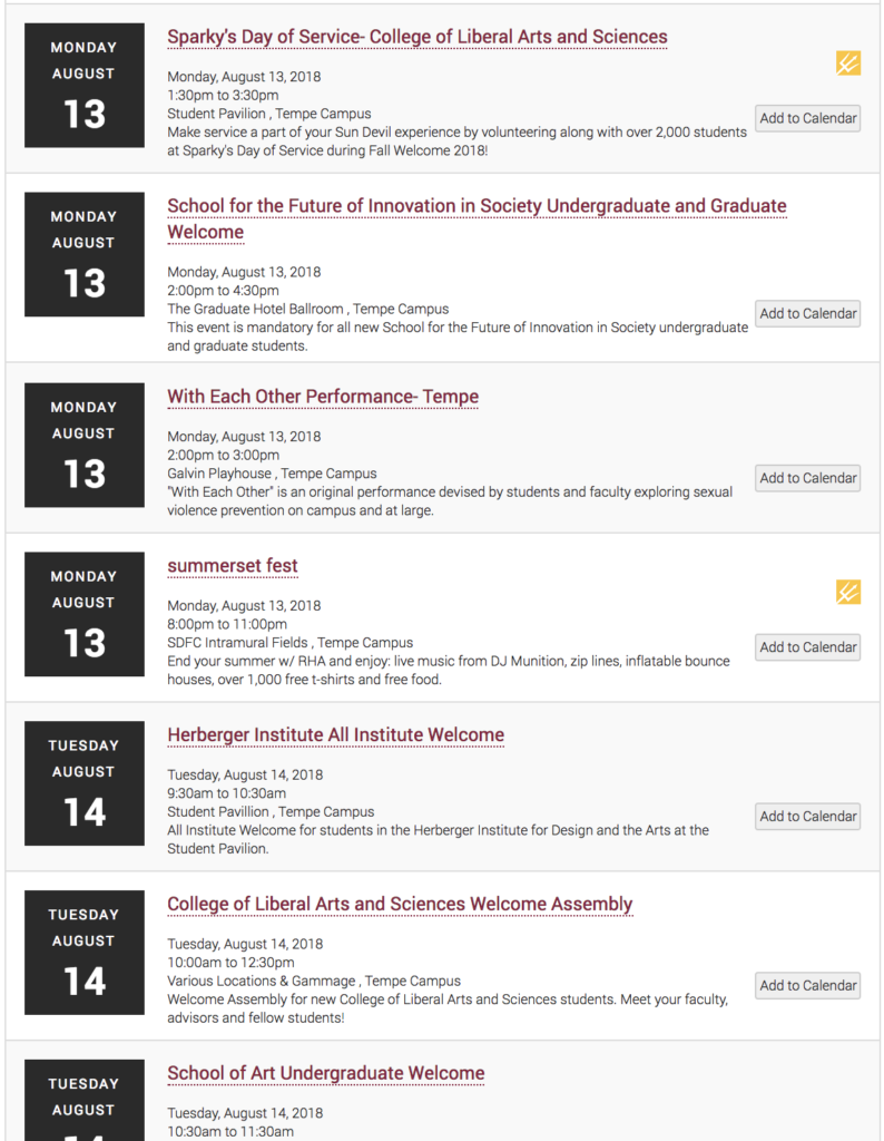 University sanctioned events offered by Arizona State University.