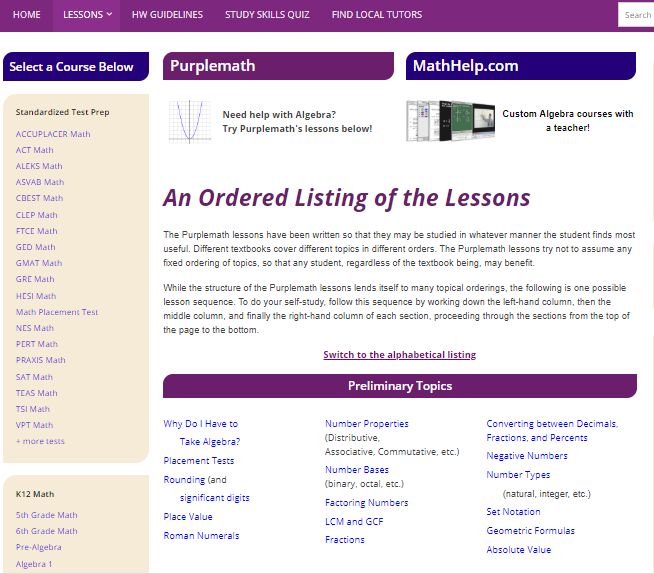 Math Help Websites PurpleMath